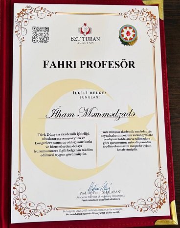 Professor İlham Məmmədzadə “Fəxri Professor” adına layiq görülüb